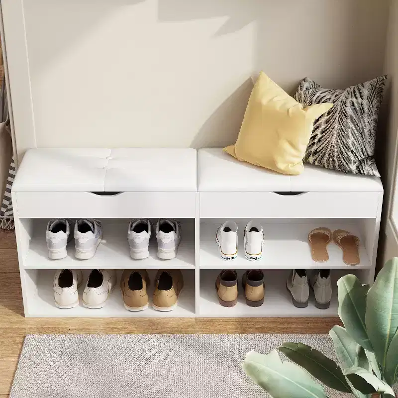 Wooden Shoe Cabinet with Cushions Open Shelves White
