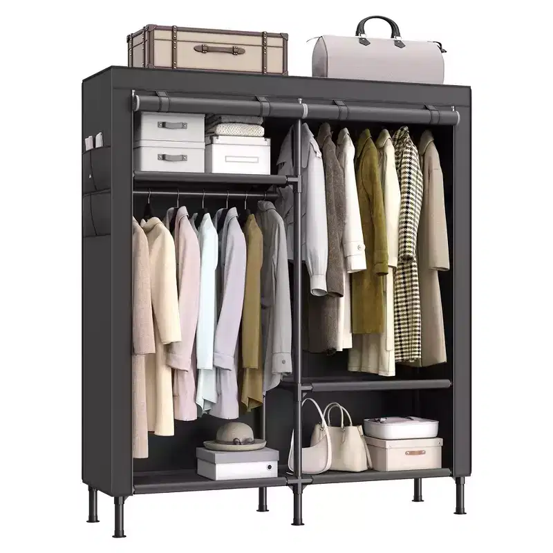 SONGMICS Wardrobe Closet, 65 Inch Heavy Duty Portable Closet, Freestanding Closet Organizer, Clothes Rack with Cover, 2 Hanging Rails, Black
