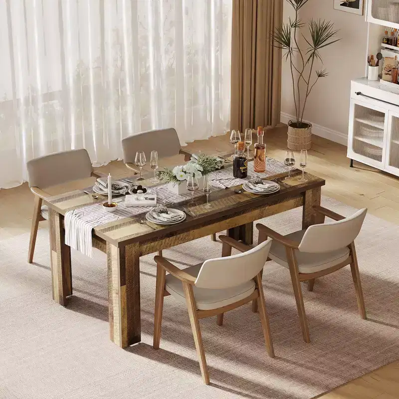 Dining table, farmhouse style, seats 4-6 people, 63 inches, rectangular, wooden, suitable for dining room and kitchen.