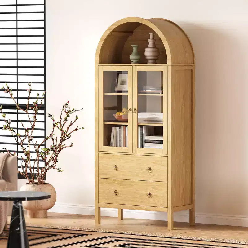 TROPOW 71 Tall Arched Kitchen Pantry Cabinet, Modern Wood Arched Cabinets with Tempered Glass Doors & 2 Large Drawers and Adjustable Shelves Natrual
