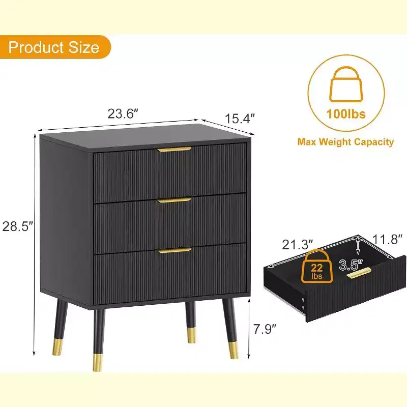 3-Drawer Modern Dresser - Wide Top Nightstand & Storage for Bedroom & Living Room