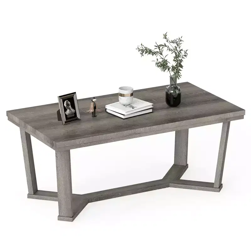 Coffee Table Solid Rubber Wood Center Table w/ Cross-Shaped Base Accent Table