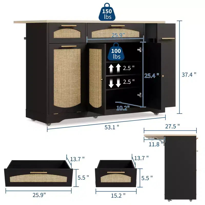 Garvee Rolling Kitchen Island Table on Wheels with Drop Leaf, Tilt Out Trash Can Cabinet, Storage Cabinet, Drawer, Spice Rack, Kitchen Cart