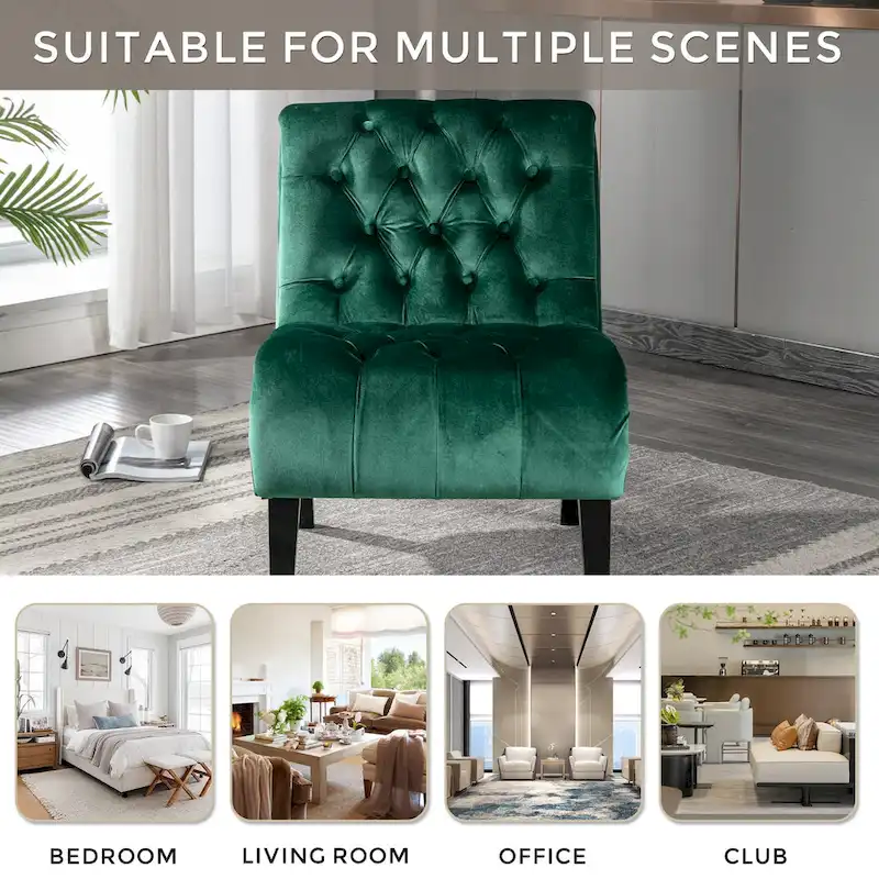 Velvet Armless Accent Chair with Wooden Legs and Thick Cushioned Seat