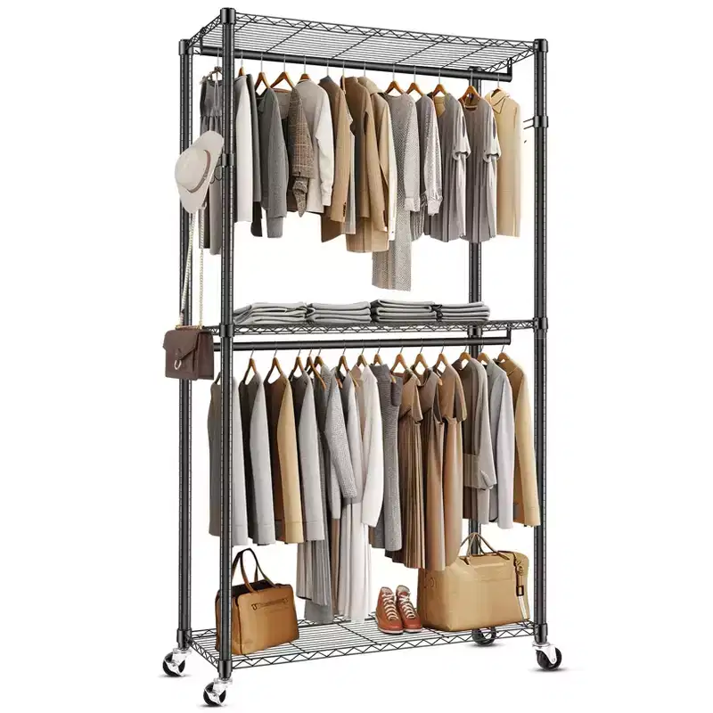 Homdox 3 Tier Heavy Duty Garment Rack with Wheels, Adjustable Double Rod Clothes Rack, Portable Closet with Hooks, 450LBS