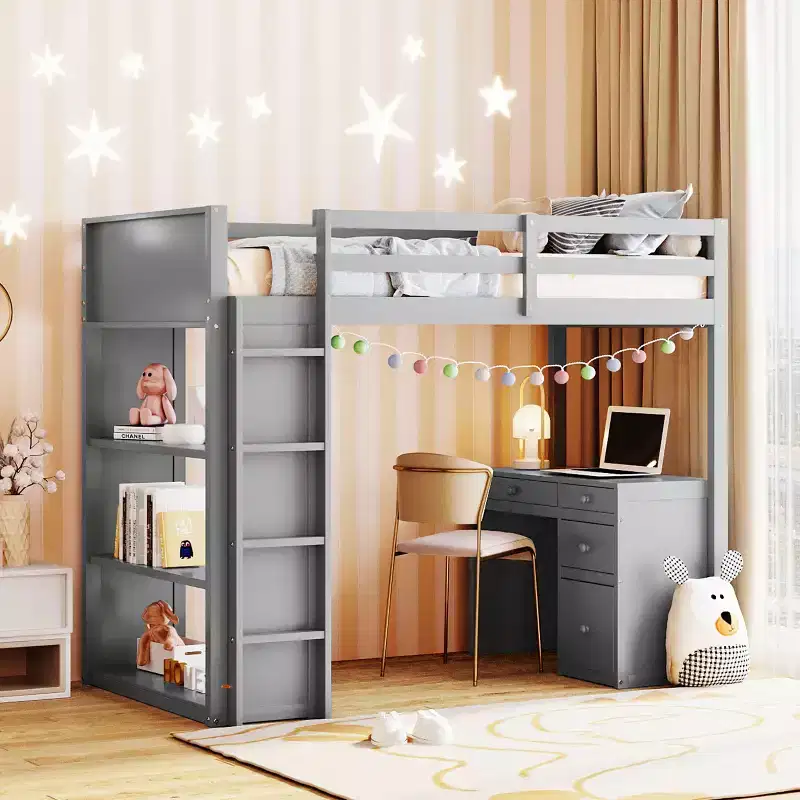 Loft Bed with Desk and 4 Storage Drawers & 3 Shelves, High Loft Bedwith L-Shaped Desk for Kids Teens Adults