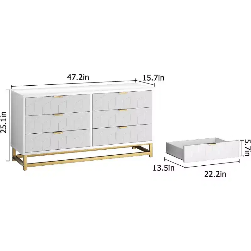 Acekool Grey 6-Drawer Dresser with Gold Metal Handles and Legs, Modern Chest of Drawers for Bedroom, Hallway, Entryway Storage