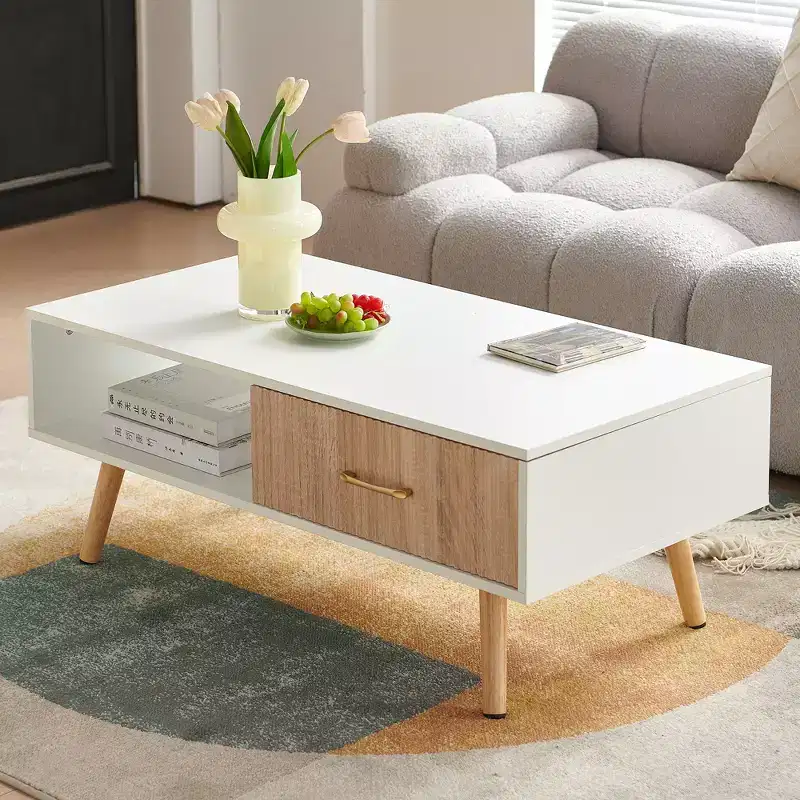 White Rectangle Coffee Table with Sliding Drawer, 40.94'' L