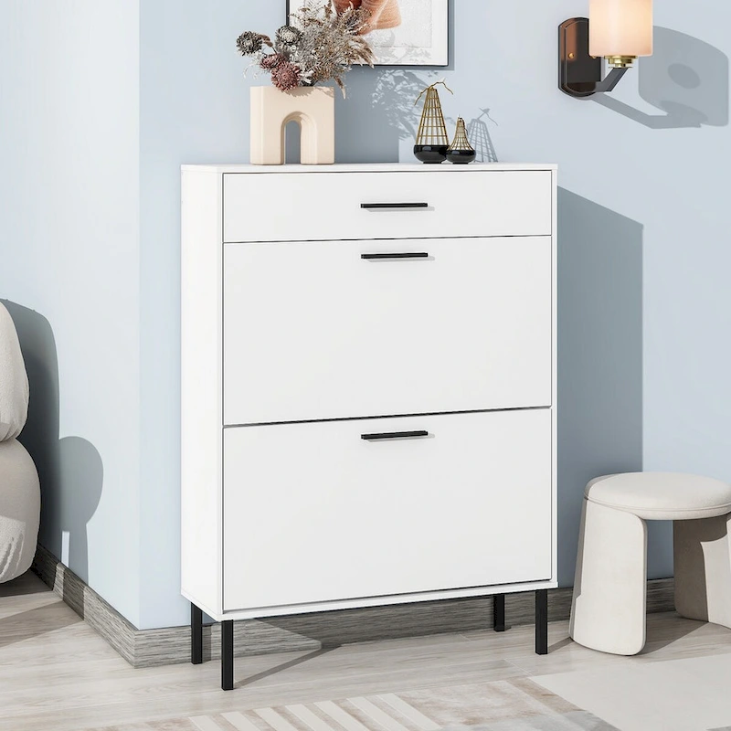 Shoe Cabinet, Freestanding Rack Storage Organizer with Drawers & Metal Legs, Storage Cabinet with 2 Flip Drawers for Entryway