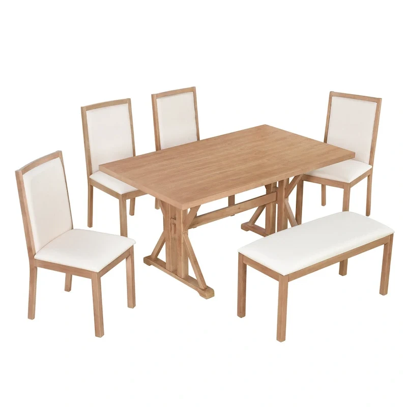 Farmhouse Style 6-Piece Dining Table Set with 4 Upholstered Dining Chairs and Bench