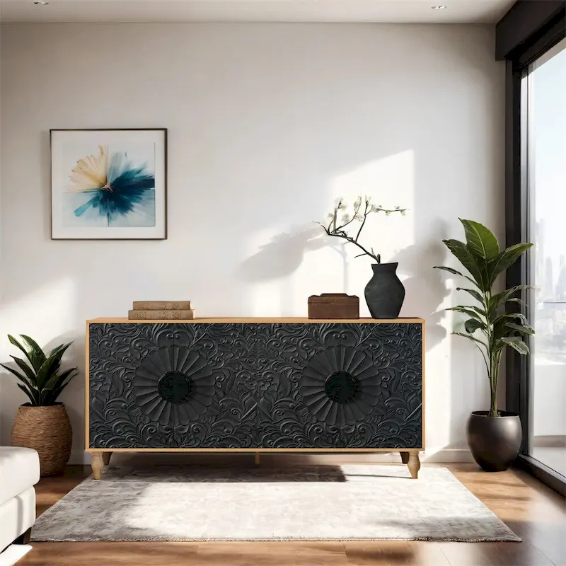 Black Storage Cabinet with Carved Door Design