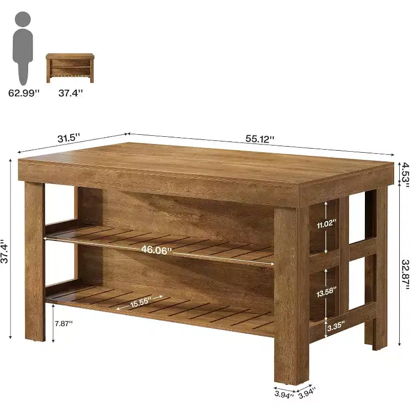Lantine Kitchen Island with Storage and Seating, Farmhouse Large Stationary Wood Island Table for Kitchen Dining Room (All Brown)