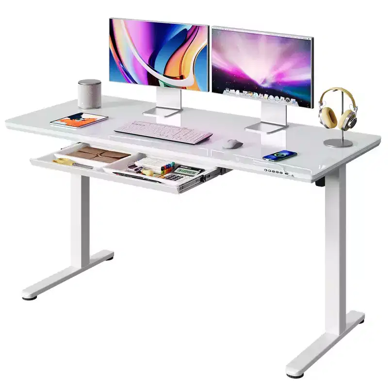 GALAXHERO 55 Inch Electric Standing Desk with Drawers, Whole-Piece Glass Adjustable Height Desk, Quick-Install Stand Up Desk,White