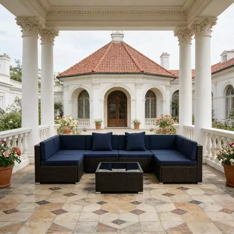 GDFStudio Halstead 7-Piece Outdoor Wicker Sectional Sofa Set with Tempered Glass Coffee Table