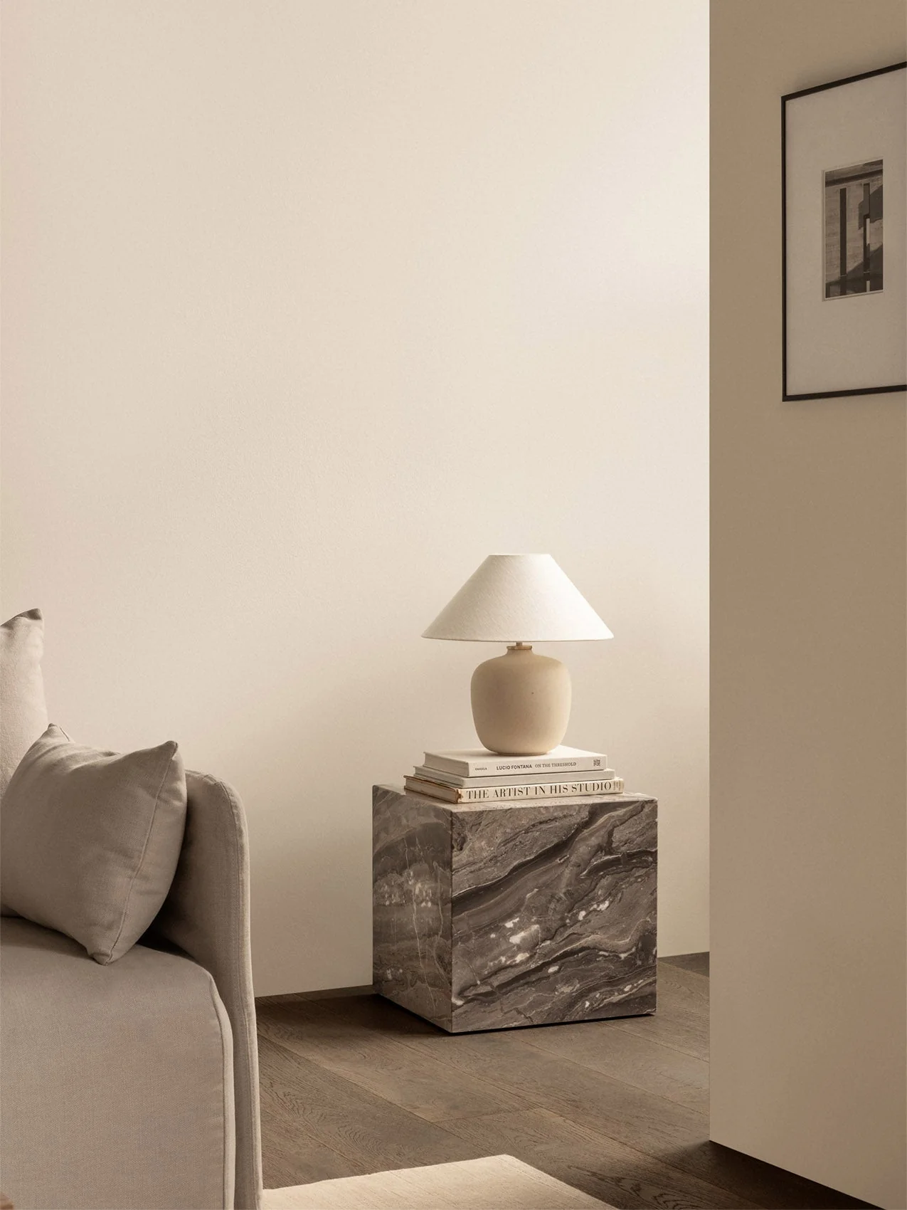 Minimalist Marble & Stone Side Table with Sculptural Cubic Pedestal Form for Living Room & Hallway