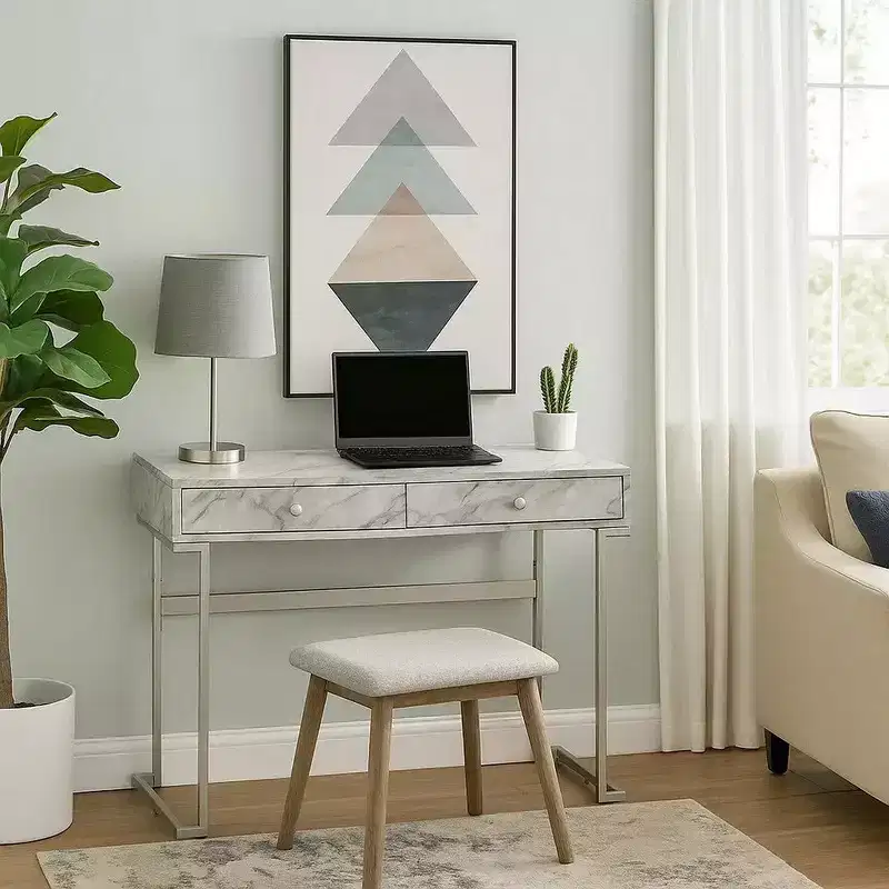 Royal Hampton Writing Desk with 2 Drawers and Faux Marble Top, Gray