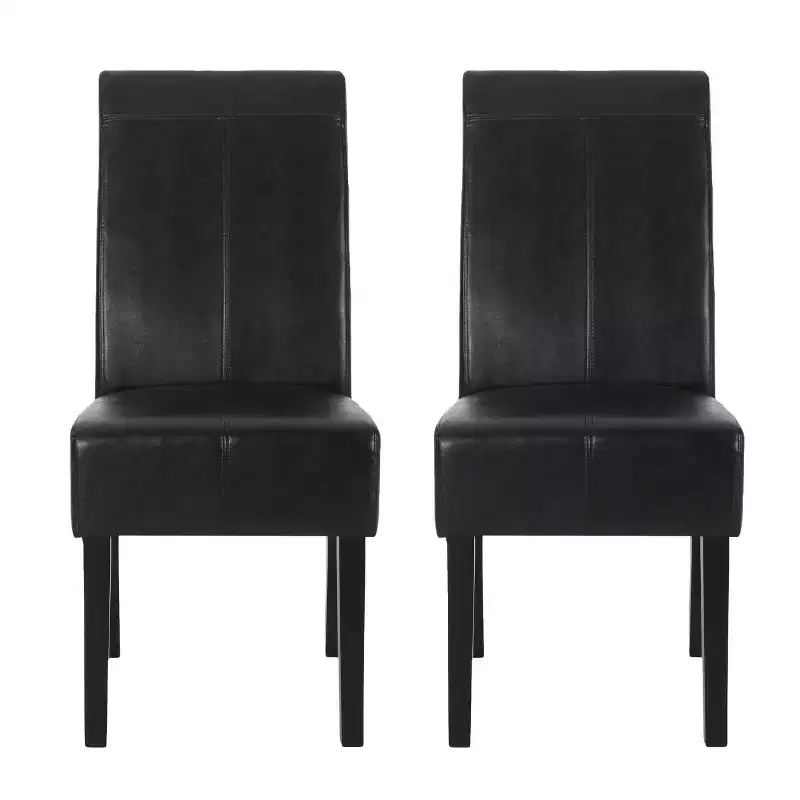 Faux Leather Upholstered Dining Chair with T-Stitching — Midnight Black / Espresso