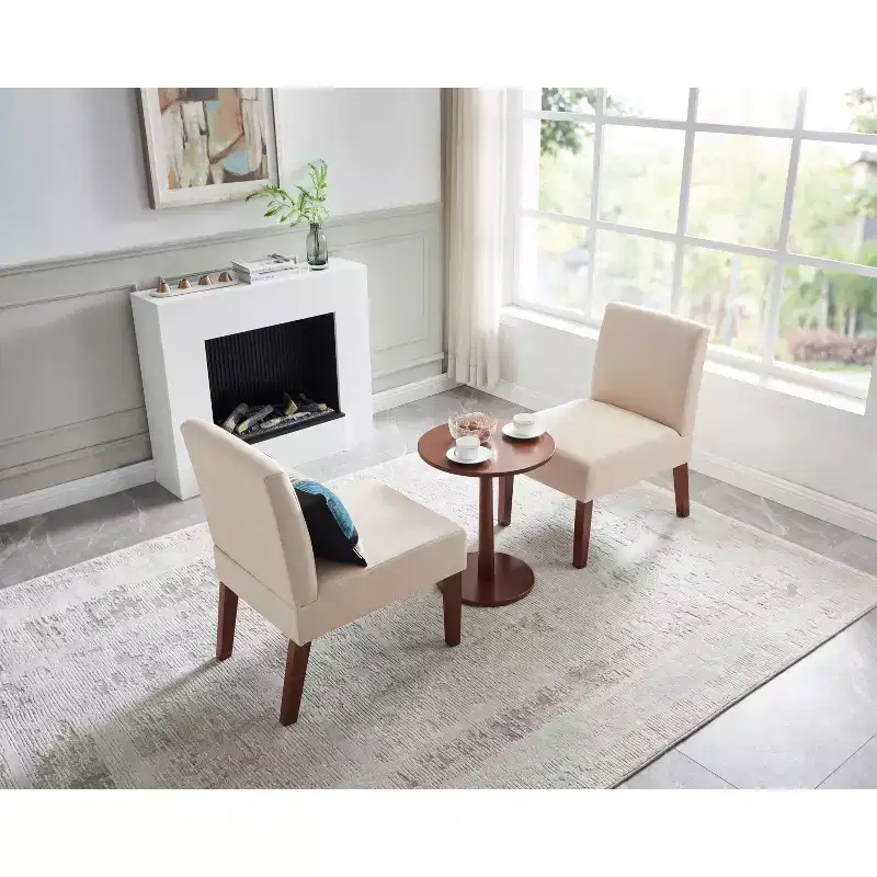 Beige Linen Armless Accent Chair Set of 2 with Round Side Table