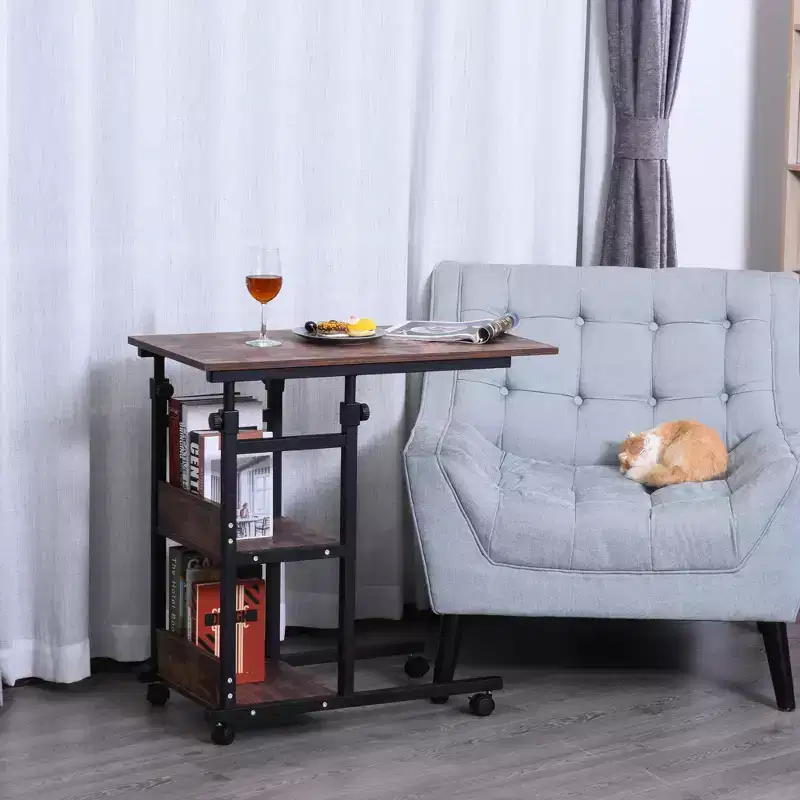 Industrial C-Shaped Mobile Rolling Sofa Side Table with 3-Tier Storage Shelving, Adjustable Height