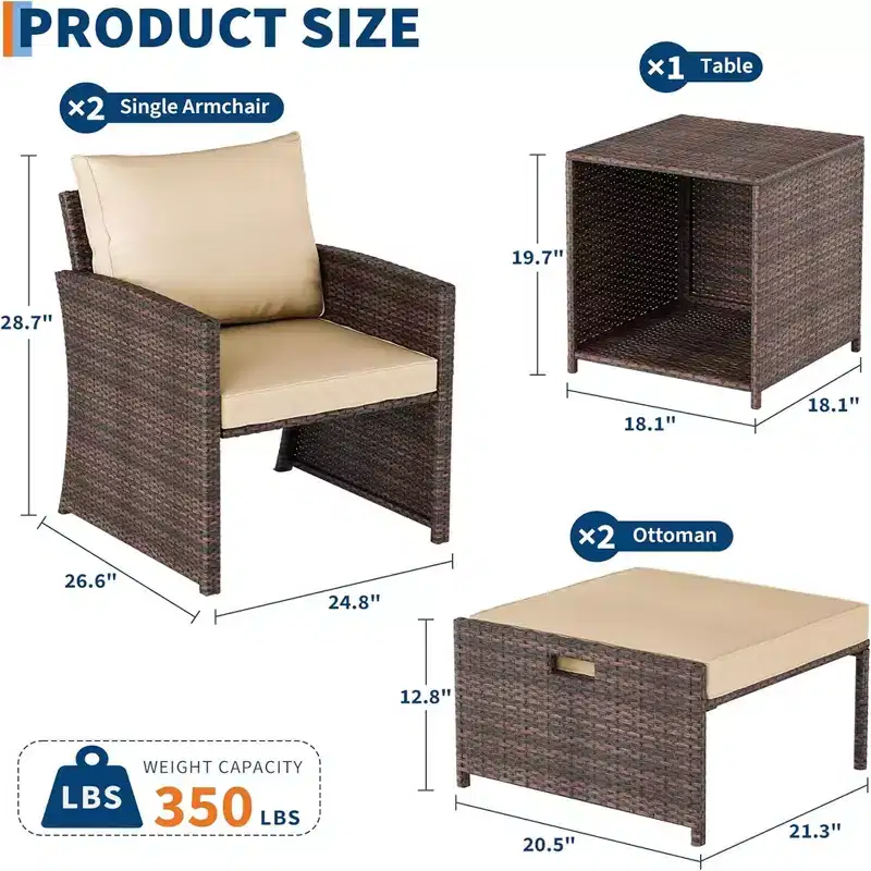 Gustowave 5-Piece Patio Lounge Chair Set With 2 Footstools And Table With Cushions For Balcony, Porch, Garden, And Poolside Lounging