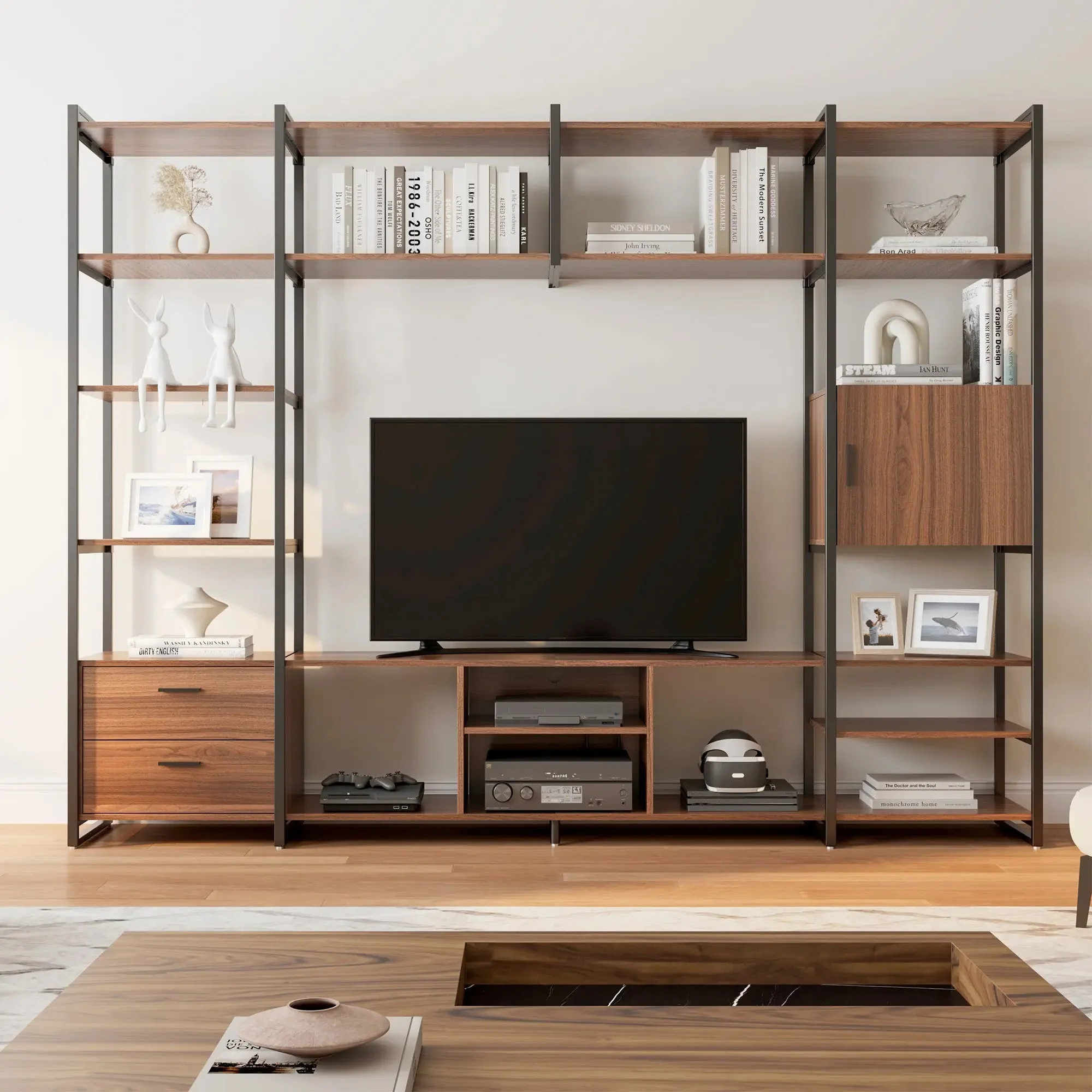Modern TV Stand with Storage Cabinet and Book Shelves