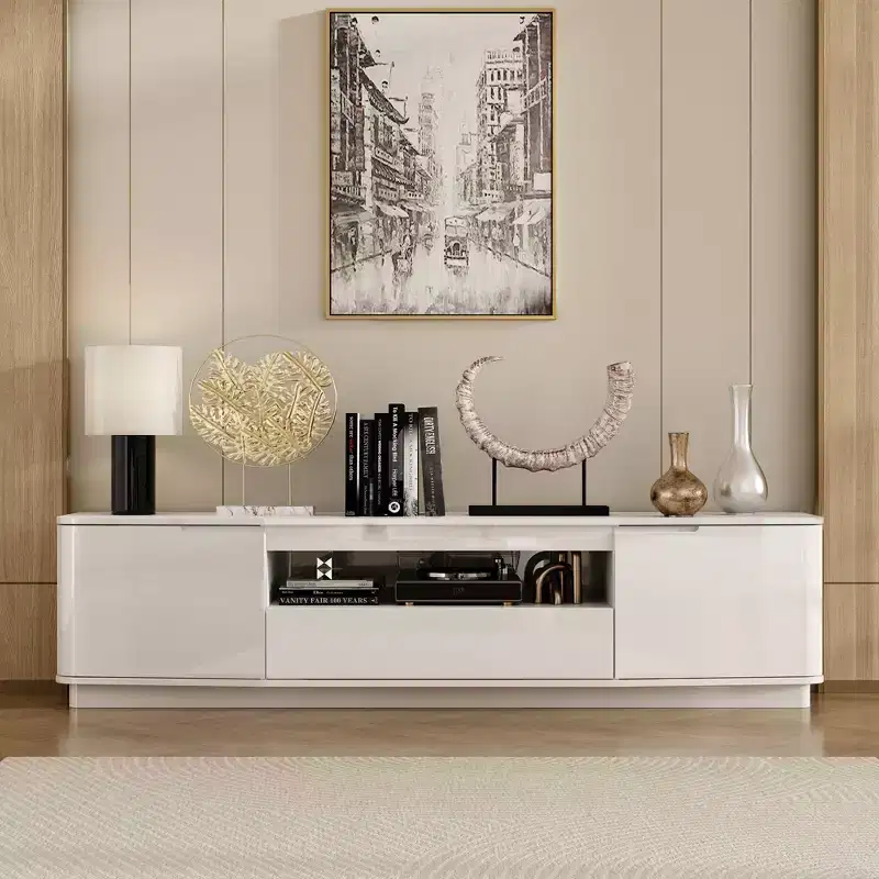White Glossy TV Stand with Rounded Corners - Modern Living Room Media Console