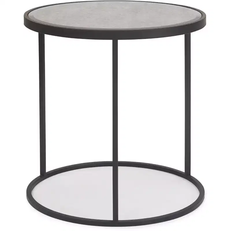 Round Mirrored Side Table Black Antique Finish, No Assembly Required, Metal Frame