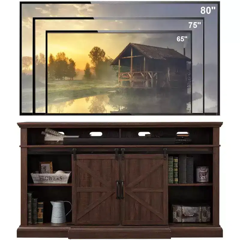 Farmhouse TV Stand for 80 TVs, 37 Tall Media Console with Sliding Barn Door, Storage Cabinets & Adjustable Shelves