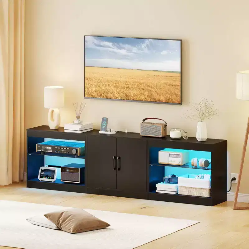 Costway TV Stand with Power Outlets Adjustable LED Lights Storage Cabinet for TVs up to 85 Black/White