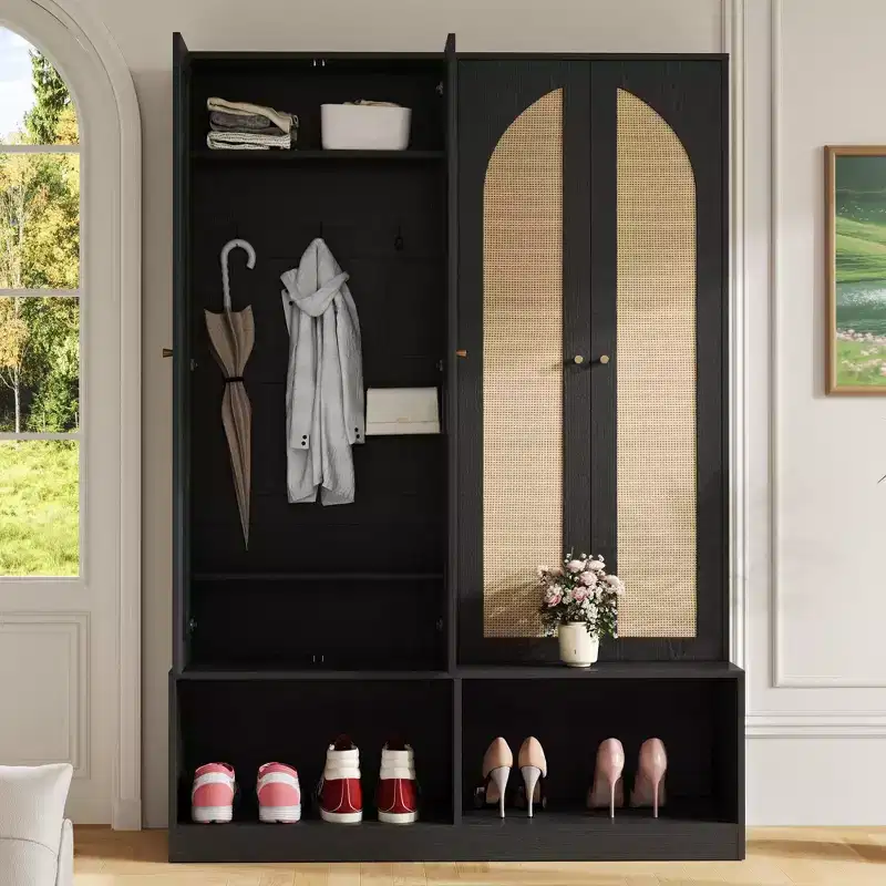 Okak Farmhouse Shoe Cabinet, Freestanding Shoe Organizer with 4-In-1 Seating Bench with 6 Hooks for Entryway, Living Room, Hallway