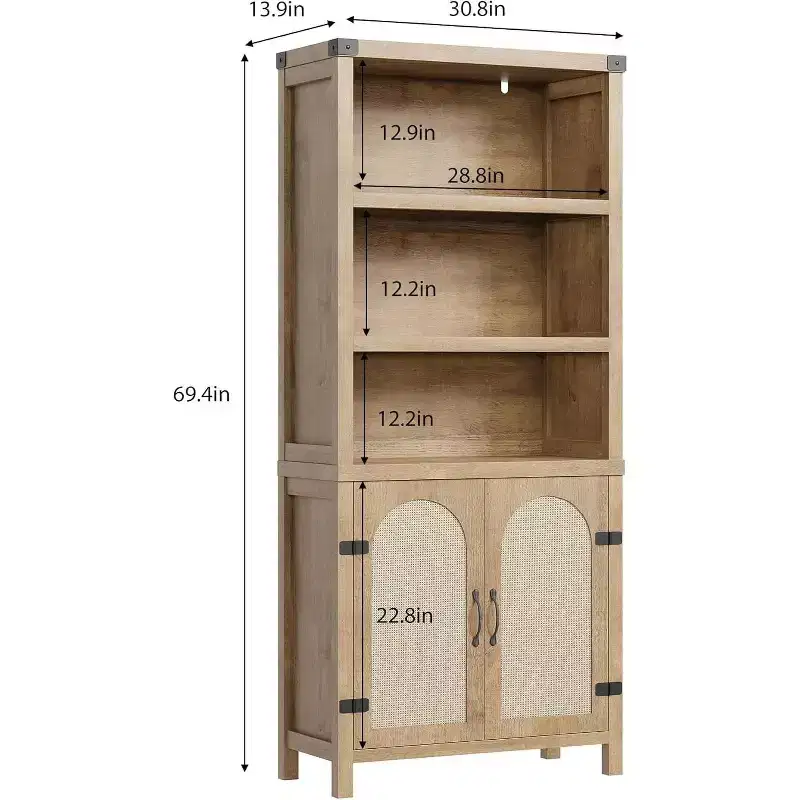Acekool 3-Tier Bookshelf with Cabinet, Adjustable Shelves and Rattan Doors, 69 Farmhouse Vertical Bookcase, Two Sets