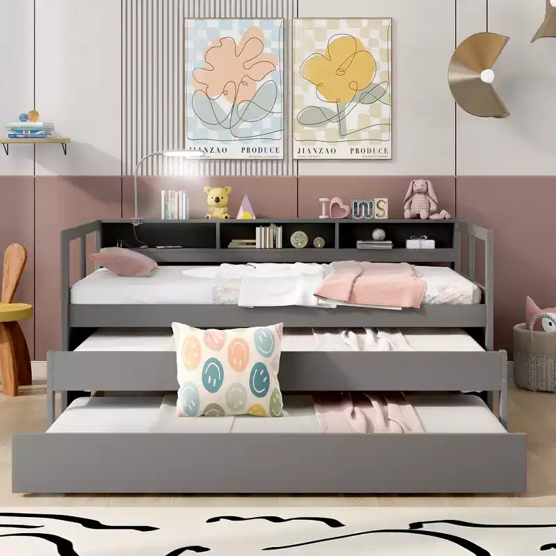 Twin XL Size Daybed with 2 Trundles and Storage Shelves, Wood Sofa Bed Frame with USB Charging Design and 1 Light for Free,