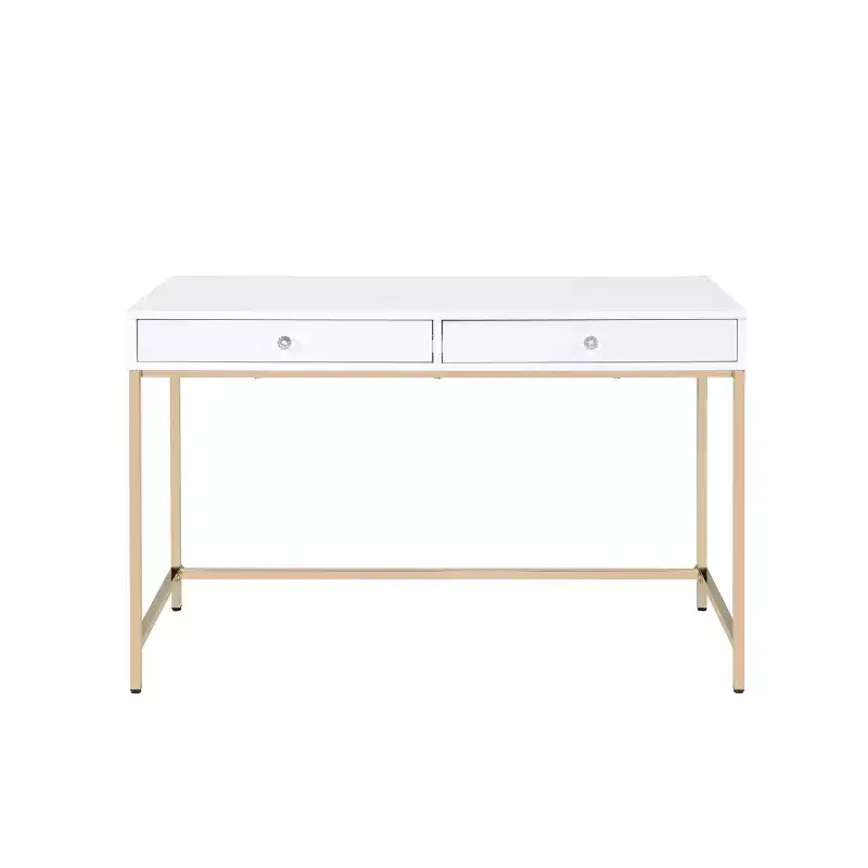 2 Drawer Desk White High Gloss/Gold