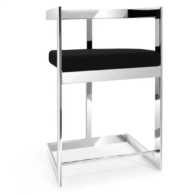 26 Black and Silver Velvet and Stainless Steel Low Back Counter Height Bar Chair