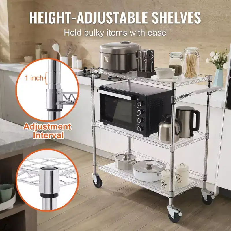 3-Tier Wire Rolling Kitchen Utility Cart, 661LBS Capacity, Curved Handle, PP Liner & 6 Hooks