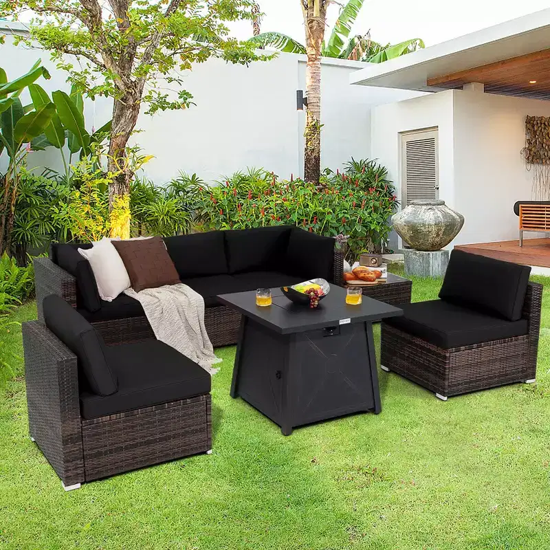 Costway 7PCS Patio Rattan Furniture Set Fire Pit Table Cover Cushion Off White\Black\Navy\Red\Turquoise