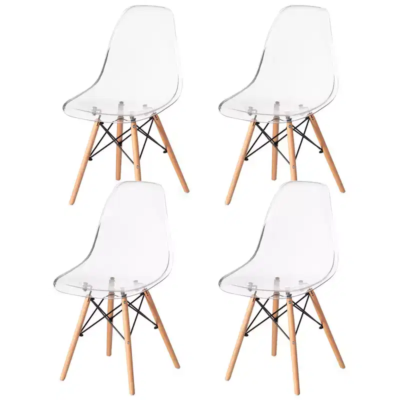 Fabulaxe Mid-Century Modern Style Dining Chair with Wooden Dowel Eiffel Legs, DSW Transparent Plastic Shell Accent Chair