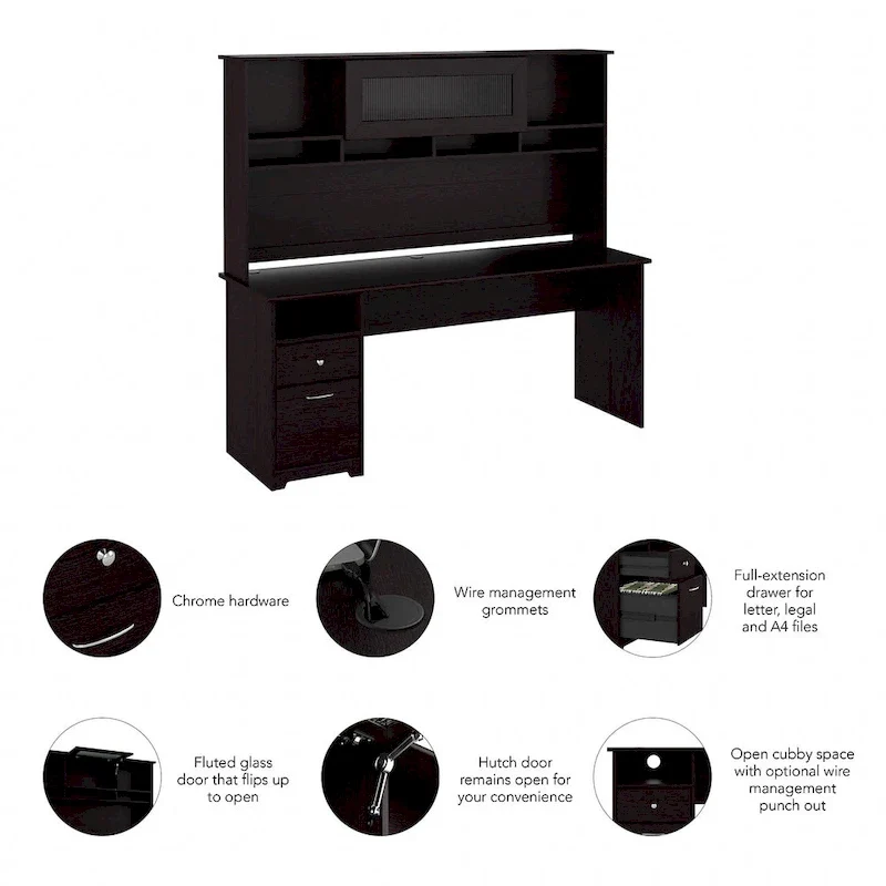 72W Computer Desk with Hutch and Drawers by