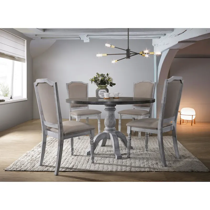 Vintage Style Weathered Finish Dining Table with Round Pedestal and 4 Upholstered Chairs