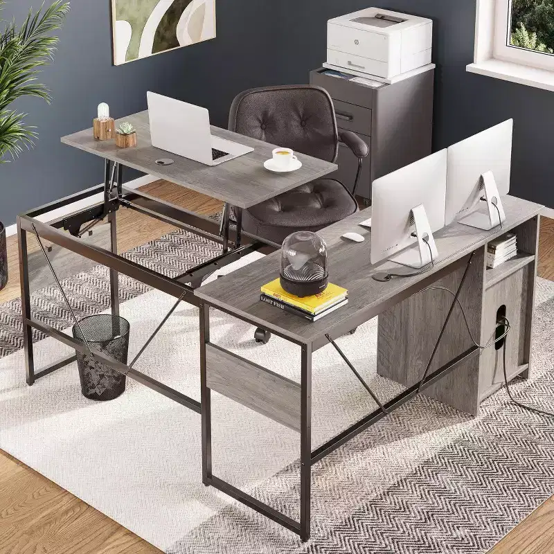 60'' L-Shaped Height Adjustable Standing Desk (30-39H), Sit to Stand Home Office Desk with Storage Cabinet & Hooks