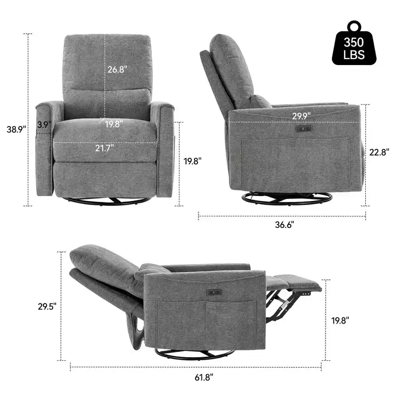 Dyonery Power Swivel Rocker Recliner Sofa, Small Electric Reclining Sofa with USB & Type-C Ports, Glider Nursery Chair with Lumbar Support