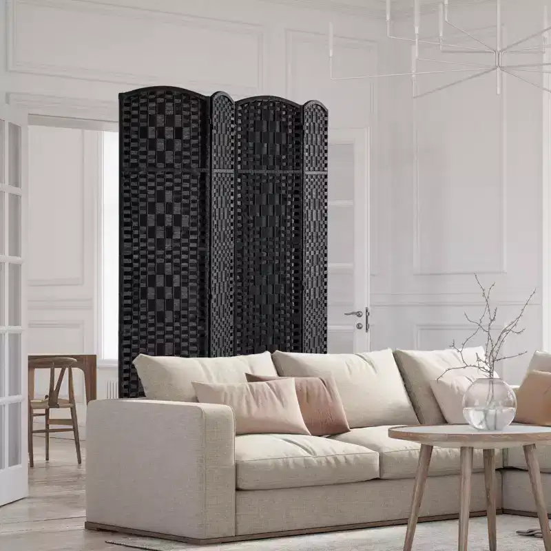 4 Panel Room Divider, Hand-Woven Folding Privacy Screens with Hinges, Portable and Freestanding Partition Room Dividers and Wall Divider,Black