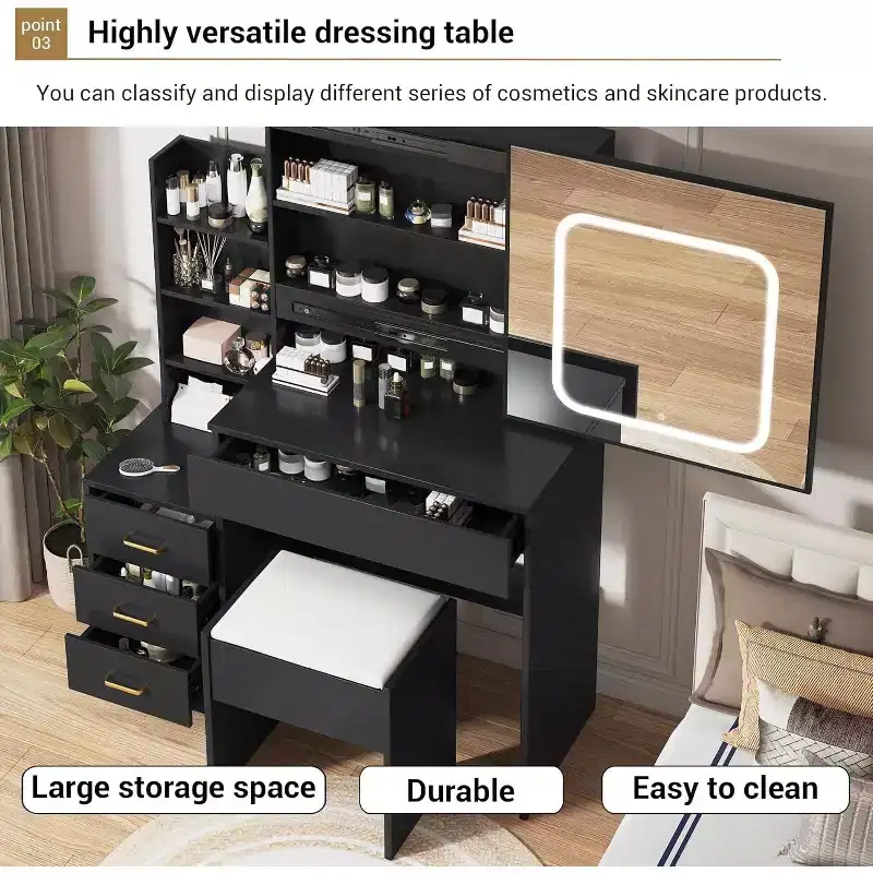 Acekool Black Sliding Mirror Vanity Desk with Adjustable Lighting, Power Outlet, and Storage Drawers for Bedroom