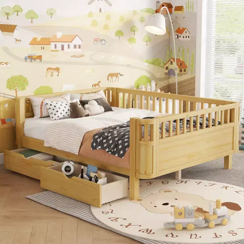 Modern Wood Kids Platform Bed with Safety Rails and Storage Drawers