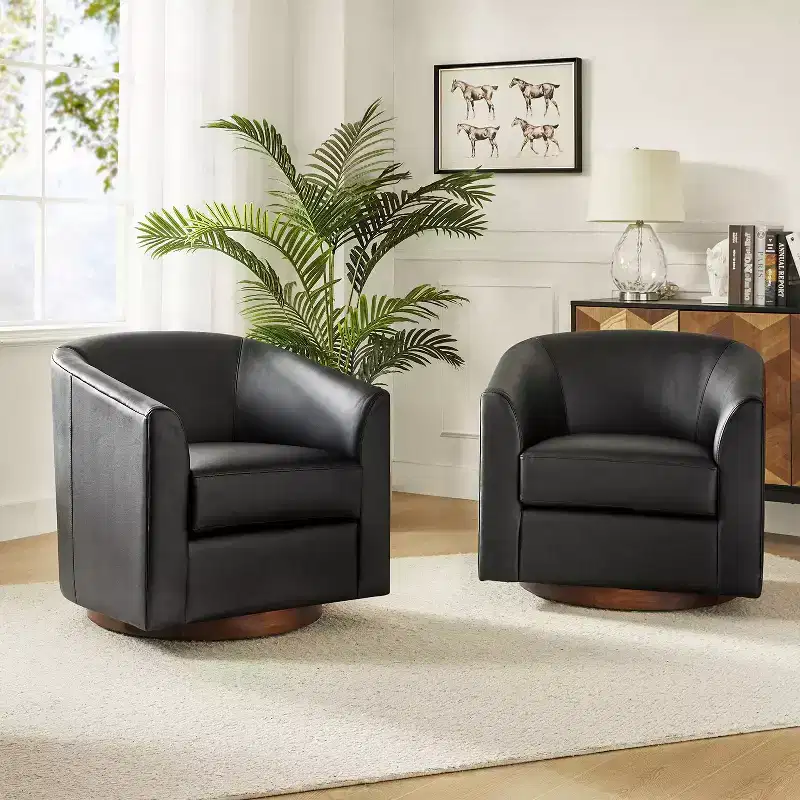 Set of 2 Jessie 30.5 Wide Modern Swivel Barrel Faux Leather Chair with Solid Wood Base|ART OF LIVING DESIGNS