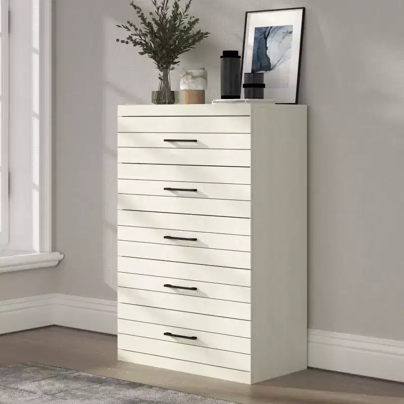 5-Drawer Dresser with Interlock Safety System in Pearl White Oak 30.7 W x 16.1 D x 45.8 H