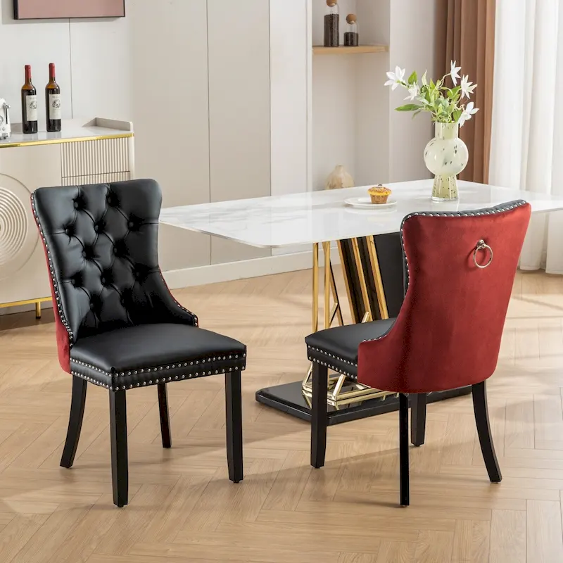 High Back Dining Chairs Set of 2, Upholstered PU Leather Kitchen Chairs Side Chair with Rear Handle Wood Legs