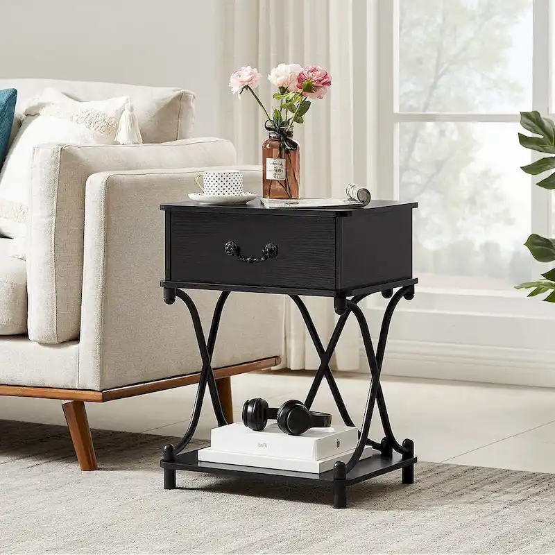 Modern 3-piece Coffee Table, Sofa Table & 1-drawer Nightstand Set of 2(Brown/Black/White)