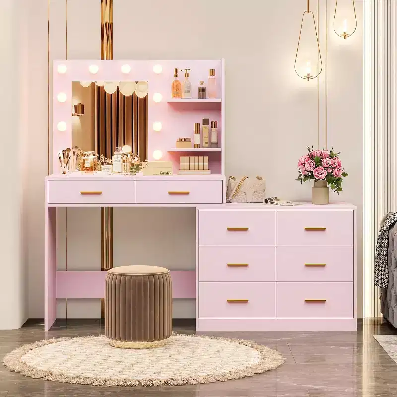 61 Pink Makeup Vanity Desk with Mirror & Lights, 8 Storage Drawers, 2-Tier Shelves, Adjustable 3-Mode LED, Sturdy MDF for Bedroom
