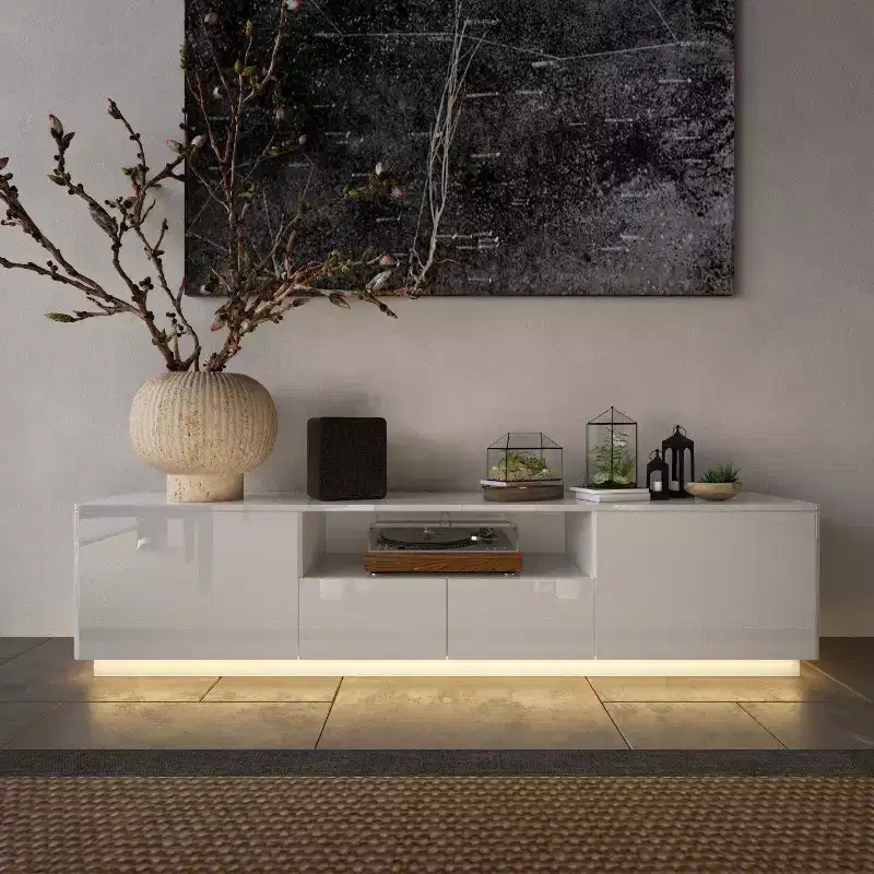 Famapy High Gloss TV Console Modern with Drawers Bottom Light Strip TV Stand